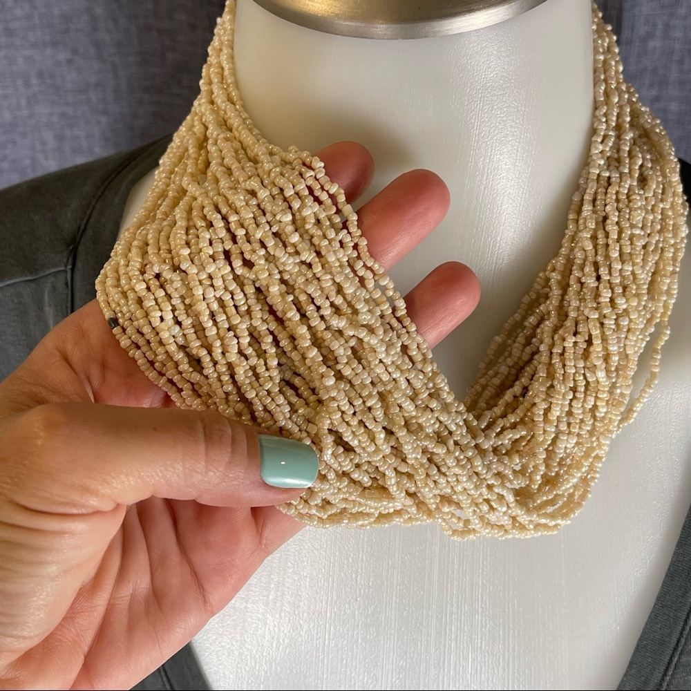 BOUTIQUE Cream Multi Strand Glass Seed Bead Woven Statement Necklace 42 Strands - Picture 4 of 13